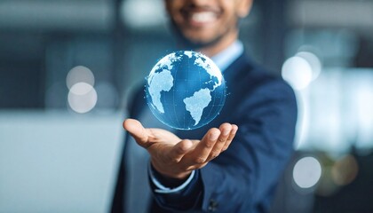 A scene in which a man raises his hand and a digital globe-shaped object rotates in his palm