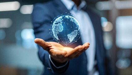 A scene in which a man raises his hand and a digital globe-shaped object rotates in his palm