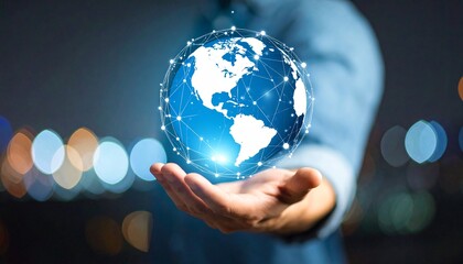 A scene in which a man raises his hand and a digital globe-shaped object rotates in his palm