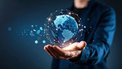 A scene in which a man raises his hand and a digital globe-shaped object rotates in his palm