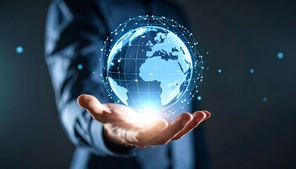 A scene in which a man raises his hand and a digital globe-shaped object rotates in his palm