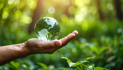 A scene in which a man raises his hand and a digital globe-shaped object rotates in his palm