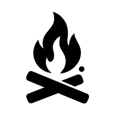 Flat black pictogram of campfire with three flame shapes, crossed logs, ember dot, and forward lean—symbolizing gathering, warmth, and outdoor adventure.

