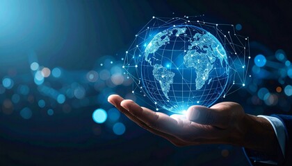 A scene in which a man raises his hand and a digital globe-shaped object rotates in his palm