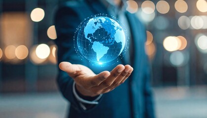 A scene in which a man raises his hand and a digital globe-shaped object rotates in his palm