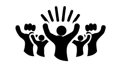Silhouette of a group of people with raised hands in celebration and support in black and white style