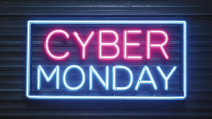 Neon Cyber Monday Sign Glowing in Sequence Against Black Background