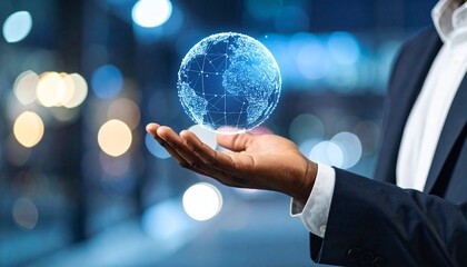 A scene in which a man raises his hand and a digital globe-shaped object rotates in his palm