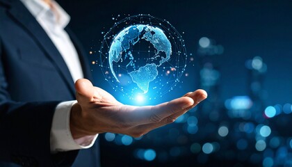 A scene in which a man raises his hand and a digital globe-shaped object rotates in his palm