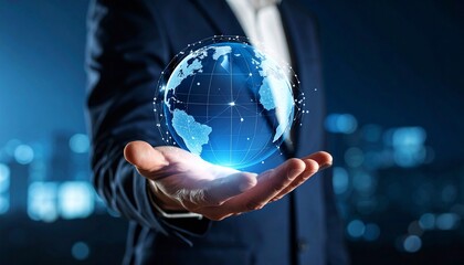 A scene in which a man raises his hand and a digital globe-shaped object rotates in his palm