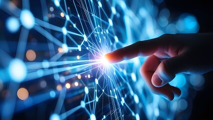Finger touching a glowing node in a futuristic digital network connection