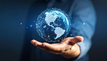 Fototapeta premium A scene in which a man raises his hand and a digital globe-shaped object rotates in his palm