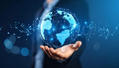 A scene in which a man raises his hand and a digital globe-shaped object rotates in his palm