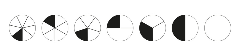 Donut charts segmented on from 1 to 7 equal parts. Diagrams infographic. Circle section minimalist graph. Black and white wheels divided in sections. Pizza, pie chart round icons. Coaching blank.