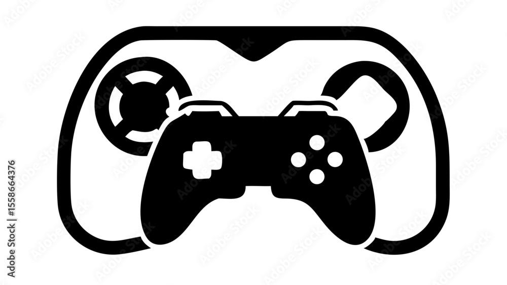 Fototapete Illustration of a black and white game controller with directional pad and button layout design element silhouette