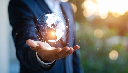 A scene in which a man raises his hand and a digital globe-shaped object rotates in his palm