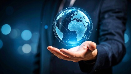 A scene in which a man raises his hand and a digital globe-shaped object rotates in his palm