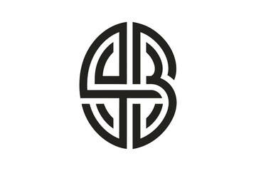 A stylized black and white logo featuring intertwined letters in an oval shape