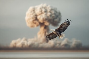 American bald eagle flying in front of nuclear explosion symbolizing patriotic aggression and global threat