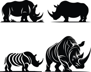 Monochromatic Rendering of Rhinoceroses Displaying a Variety of Stylistic Interpretations Featuring Streamlined Silhouettes and Detailed Illustrations with Stark Contrast