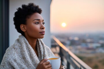 Young woman enjoying hot beverage on balcony at sunrise overlooking cityscape