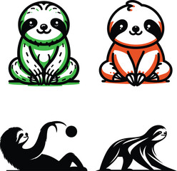 Cute Cartoon Sloth Illustrations Adorable and Playful Depictions in Green Orange and Black Perfect for Children's Designs