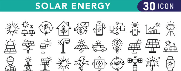 Vector art of a set of 30 solar energy icons isolated on a white background, depicting various aspects of renewable energy technology