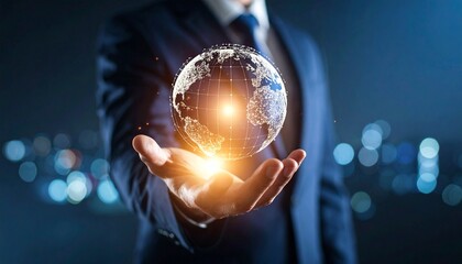 A scene in which a man raises his hand and a digital globe-shaped object rotates in his palm