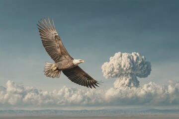 Majestic American eagle soaring above atomic cloud representing USA patriotic pride and military escalation