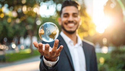 Fototapeta premium A scene in which a man raises his hand and a digital globe-shaped object rotates in his palm