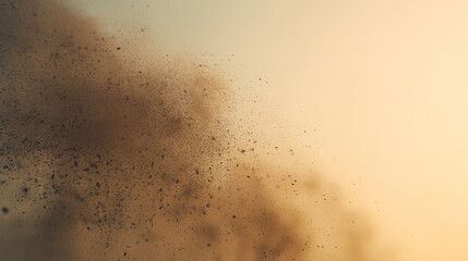 Toxic particles spreading through the sky, a hazy sunset backdrop, air pollution threat.
