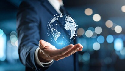 Fototapeta premium A scene in which a man raises his hand and a digital globe-shaped object rotates in his palm
