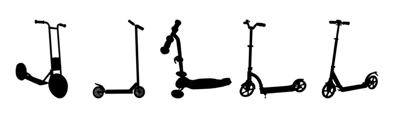 Set of scooter silhouette.Collection of different scooters.Active outdoor fun, leisure,relaxation and entertainment for kids and adult.Rental scooter and idea of city eco transport.Vector illustration