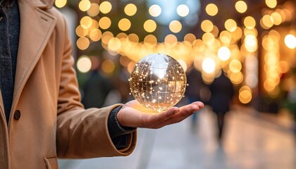 A scene in which a man raises his hand and a digital globe-shaped object rotates in his palm