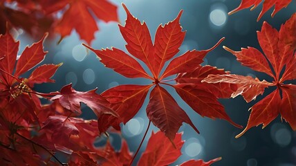 Brilliant red leaves of autumn glow against a soft blue bokeh background creating a vibrant and colorful display of seasonal beauty