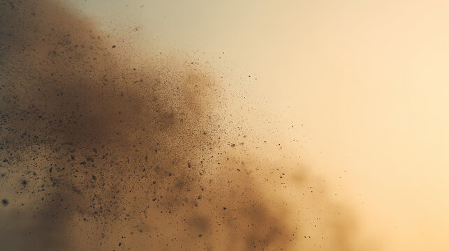 Toxic particles spreading through the sky, a hazy sunset backdrop, air pollution threat.