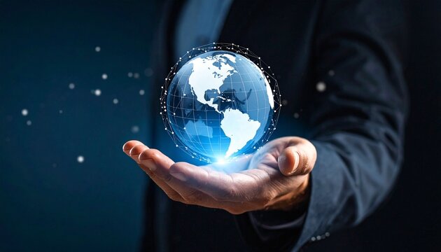 A scene in which a man raises his hand and a digital globe-shaped object rotates in his palm