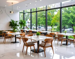 Obraz premium Modern cafe interior with rain-streaked windows
