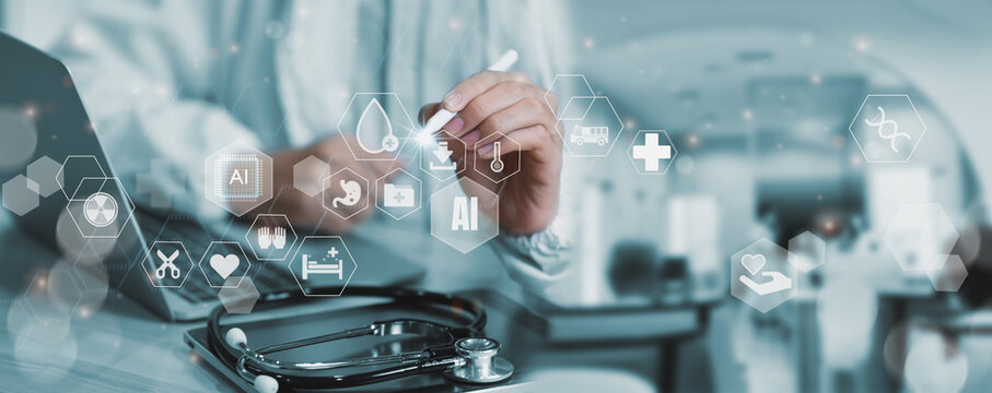 Doctor Using System Analysis treatment Healthcare Patient, Data Network via Cloud, Digital Healthcare with artificial intelligence Or AI, Future Medical Technology and Patient Care Innovation concept
