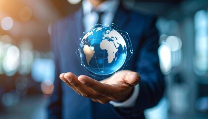 A scene in which a man raises his hand and a digital globe-shaped object rotates in his palm