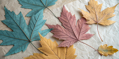 Fallen maple leaves in various autumnal colors, including yellow, orange, red, and teal, are arranged on a textured canvas, creating a beautiful display of the season's vibrant hues