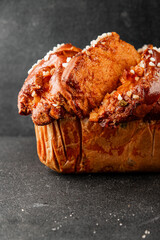Brioche sweet baked dessert fluffy baked goods fresh delicious gourmet food background on the table...