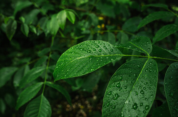 Green walnut leaves with raindrops on dark blurred background. Rainy day, for website, for blog content.