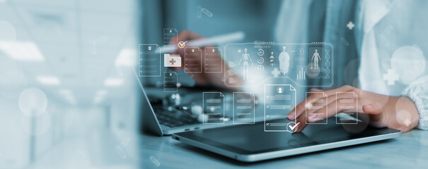 Doctor Work with AI and  Medical Report, Healthcare, Telemedicine, and Digital Medical Services Concept, emergency treatment, medical service, Healthcare, Examination analysis report.