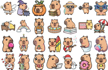 Cute Capybara Cartoon Collection in Various Activities. Kawaii Capybara Vector Summer Set