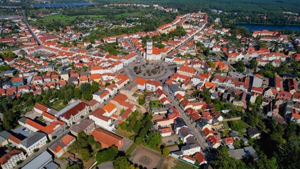 Aerial panoramic view around the old town of the city Neustrelitz on a sunny noon in summer in...