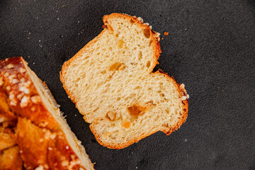 Brioche sweet baked dessert fluffy baked goods fresh delicious gourmet food background on the table rustic food top view copy space