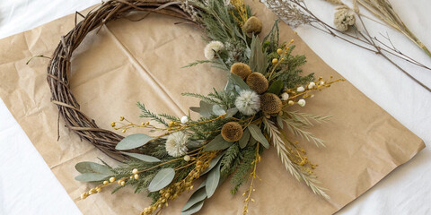 Florist is creating a beautiful autumnal wreath using dried flowers, plants, and a wicker base, showcasing the warm and inviting atmosphere of the season