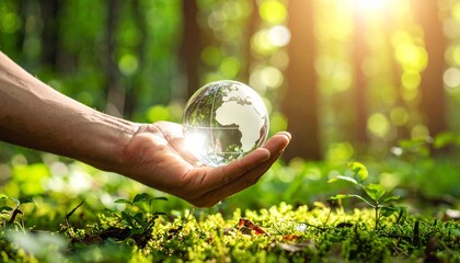 A scene in which a man raises his hand and a digital globe-shaped object rotates in his palm