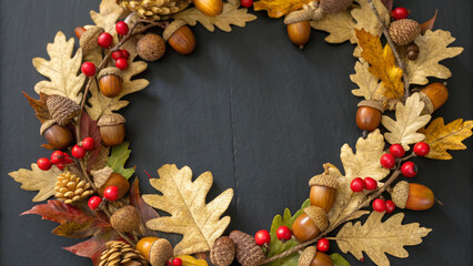 Beautiful autumnal wreath made of acorns, red berries, oak leaves, and pine cones lies on a dark background, creating a warm and festive atmosphere perfect for thanksgiving or fall celebrations